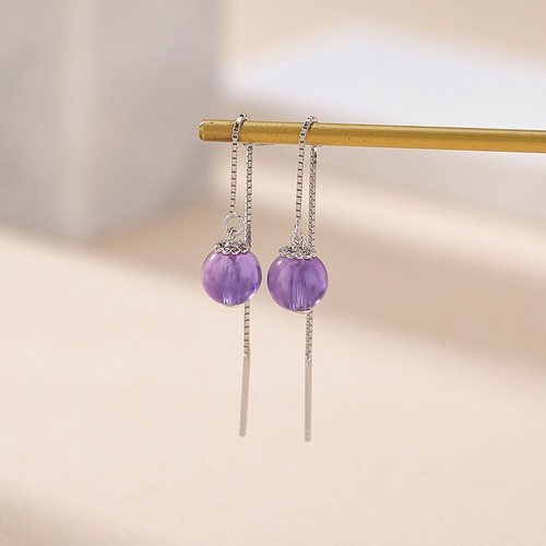 N02 Orecchini A Passante Con Sfera In Ametista Viola Argento 925 - Foto 2 di 3