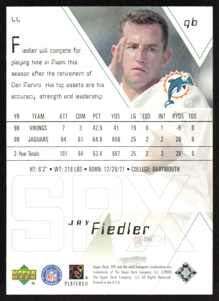 2000 SPx Jay Fiedler #44 Miami Dolphins - Image 2 of 2