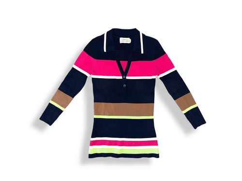 Polo TANYA TAYLOR aderente colorata a righe maglia a costine con colletto scollo a V taglia XS - Foto 6 di 12