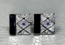 Vintage "X" Pattern Brushed Finish Blue Stone White Gold Plated Cuff Links