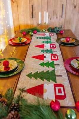 Ho Ho Woodsy Gnomes Christmas Trees and Gnomes Table Runner Quilt Kit Fabric