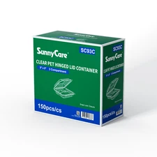 Sunnycare Clamshell PET Hinged Container Disposable 9X9, 3 COMPT, Clear, 150ct
