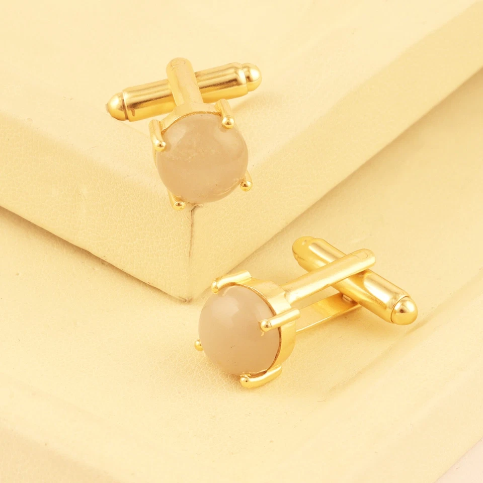 Hermoso juego de gemelos de joyería para hombre enchapados en oro amarillo piedra lunar gris Foto 2 de 3