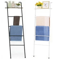 Wall Leaning Towel Ladder Blanket Holder Rack w/Shelf for Living Room Bathroom