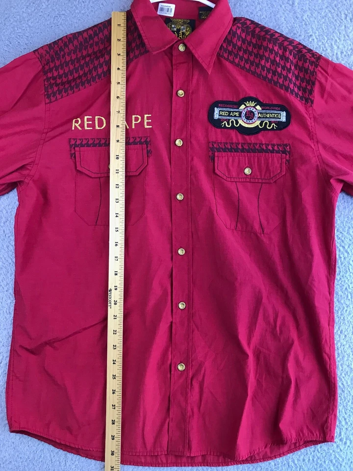 Red Ape Shirt Men's Medium Red Long Sleeve Button Down Pockets Embroidered Logo - Image 3 of 4