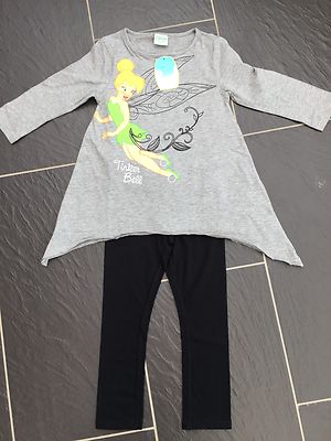 DISNEY TINKERBELL FEEN OUTFIT GRAU TUNIKA TOP T-SHIRT SCHWARZ LEGGINGS 3-4 JAHRE