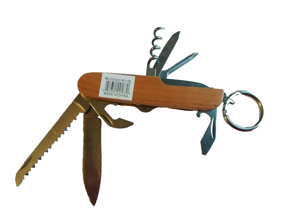 Multi-tool Pocket Knife Navy  Engraved  On Wood Key Ring New