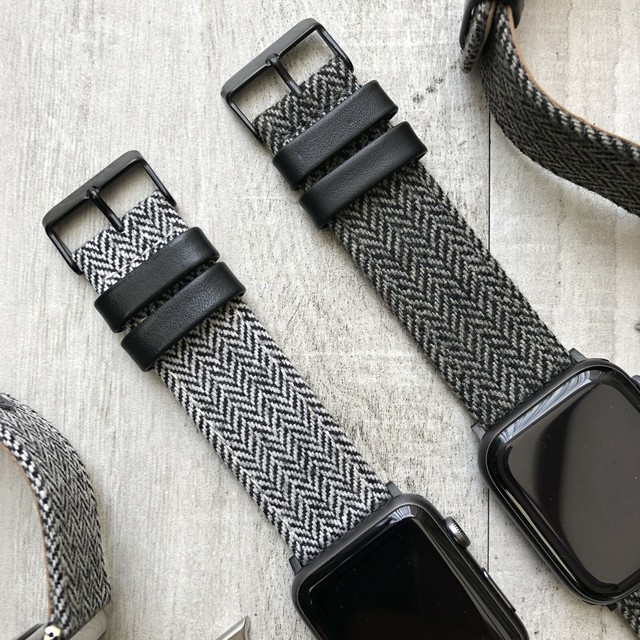 For Apple Watch Series 6 SE 5 42/44mm Tweed Fabric Black Calf Leather Strap Band | eBay