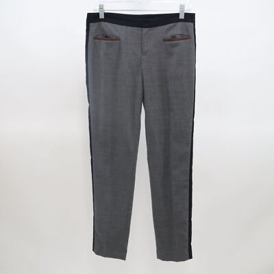 Club Monaco Dress Pants Wool Womens 2 Gray Black Leather Trim Tuxedo Stripe