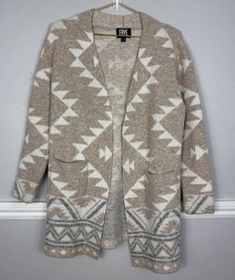 Women s FRYE Aztec Open Front Long Sleeve Beige Brown Cardigan Size Small 