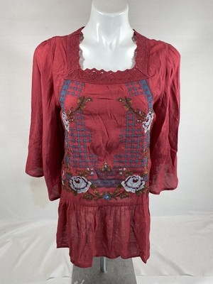 Entro Tunic Top Womens Small Maroon Embroidered Floral Boho Festival