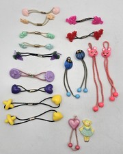 16 Vtg Beaded Ponytail Holders Hair Ties Buttons Hearts Bears Bunnies Apples