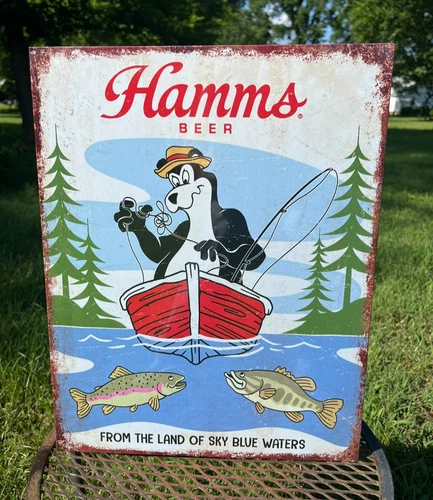 Hamms Blue Waters Beer Bear Fishing Sign Tin Vintage Bar Original Metal Rustic