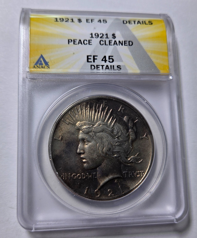 1921 PEACE HIGH RELIEF $1 Dollar Silver Coin ~ ANACS EF45 Detls ~Key Date ~Toned