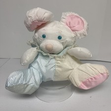 Vintage Fisher Price Baby Puffalump Mouse Rattle plush 1988 White Blue Pink