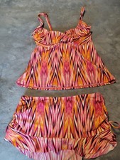 2 PC TANKINI AND BIKINI BOTTOM BATHING SUIT EUC PINK ORANGE ADJUSTABLE STRAPS