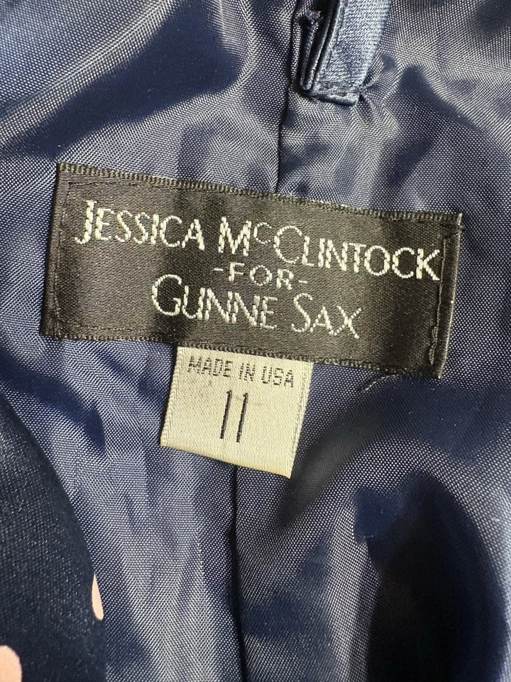 Jessica McClintock for Gunne Sax Dress Blue w/ Pink Polka Dots & Bow Sz S NWOT - Image 3 of 4