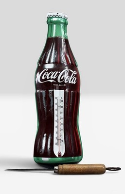 Vintage Coca-Cola Ice Pick Bottle Opener and 16 Inch Tin Bottle Thermometer Set