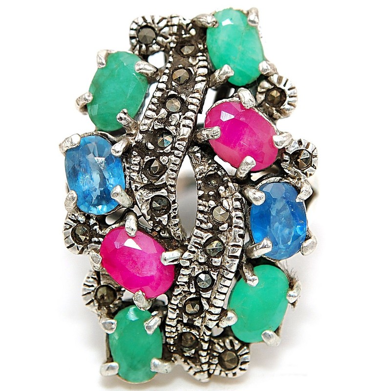 Multigemstone Marcasite 925 Solid Sterling Silver Ring Sz 6 PC13-7