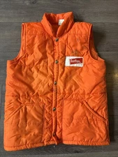 Horizon Sportswear Mens SMALL Button Snap Puffer Vest USA Orange Patch Vintage