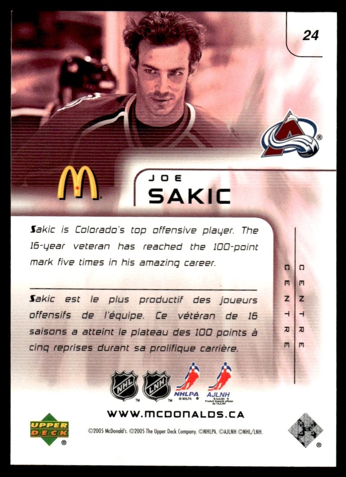 2005-06 Upper Deck McDonald's Joe Sakic Colorado Avalanche #24 - Image 2 of 2
