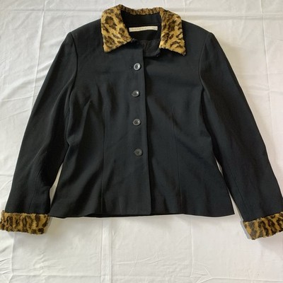 Perry Ellis Womens Black Wool Jacket Size 12 Faux Fur Collar Cuffs