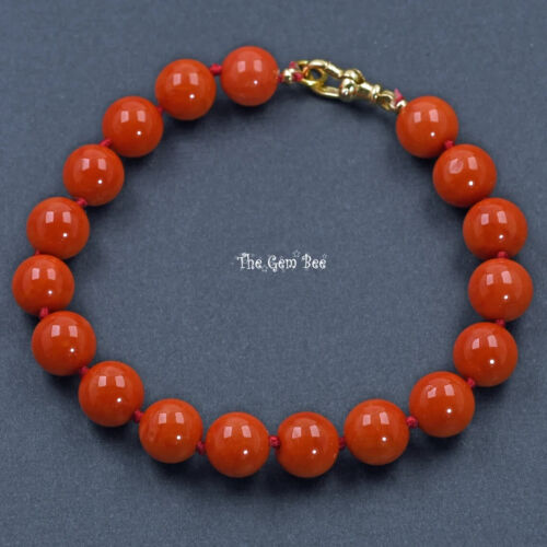 8.5mm-8.7mm 18k Yellow Gold Undyed Red Sardinia Coral Sphere 7.5" Bracelet - Picture 1 of 7