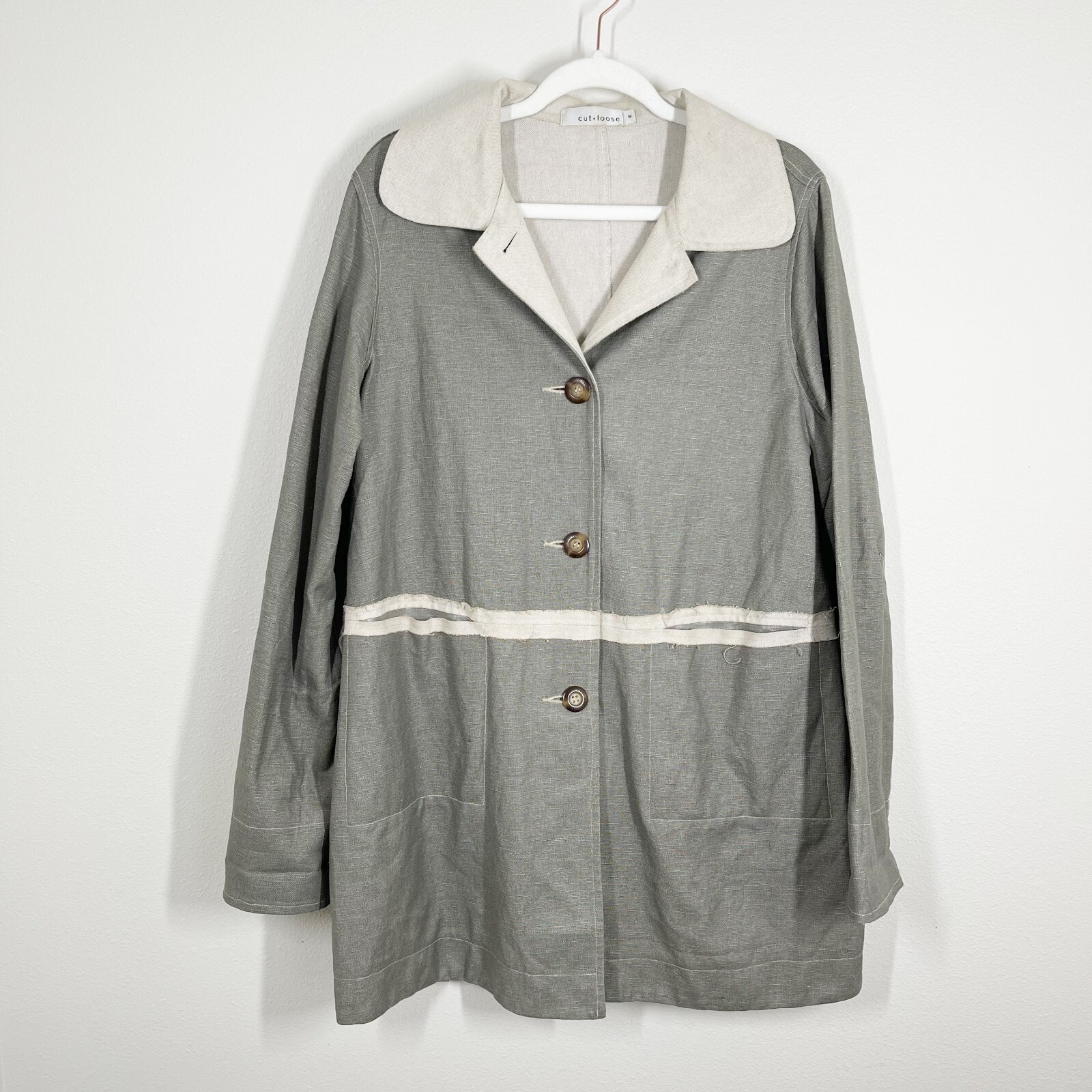 cut loose Long Button Front Jacket Size M Gray Linen Blend Raw Seams Unlined