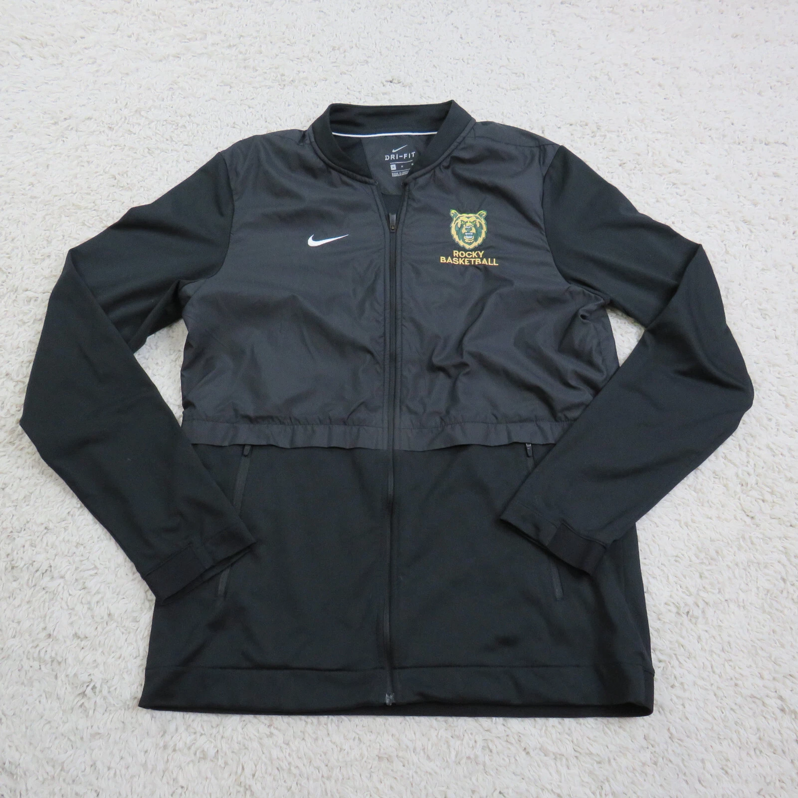 Nike Dri-Fit Windbreaker Jacket Mens Medium Black Zip Light Weight Rocky Basket