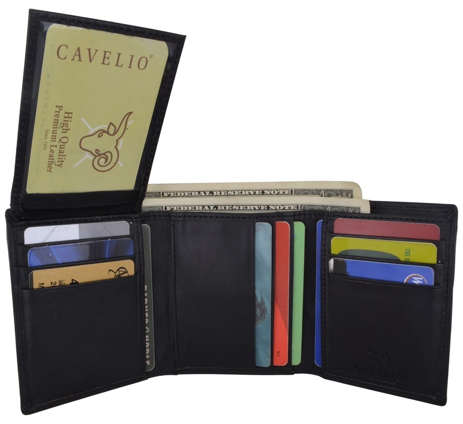 Cavelio Premium Leather Black Trifold Mens Double ID Windows Card Holder Wallet