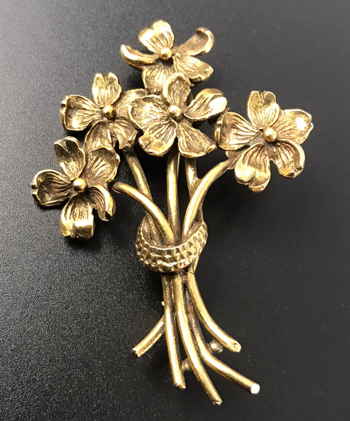 Vintage Zentall Antique Gold Tone Bouquet Flower Brooch #526