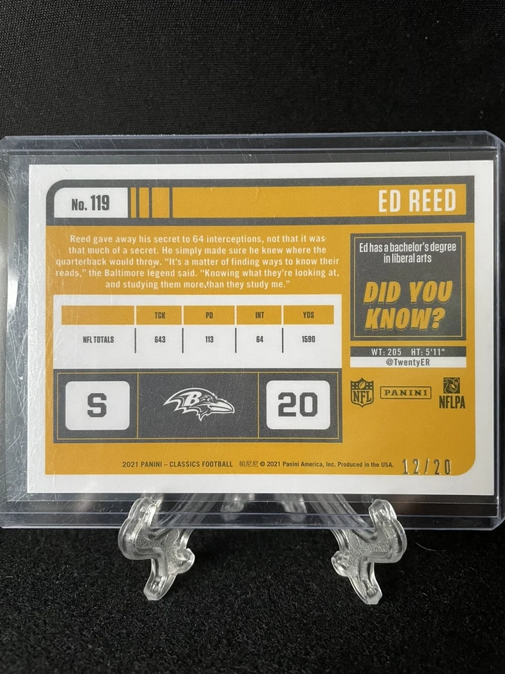ED REED 2021 Panini Classics Timeless Tributes Legends Green SSP #12/20 Ravens - Image 2 of 2