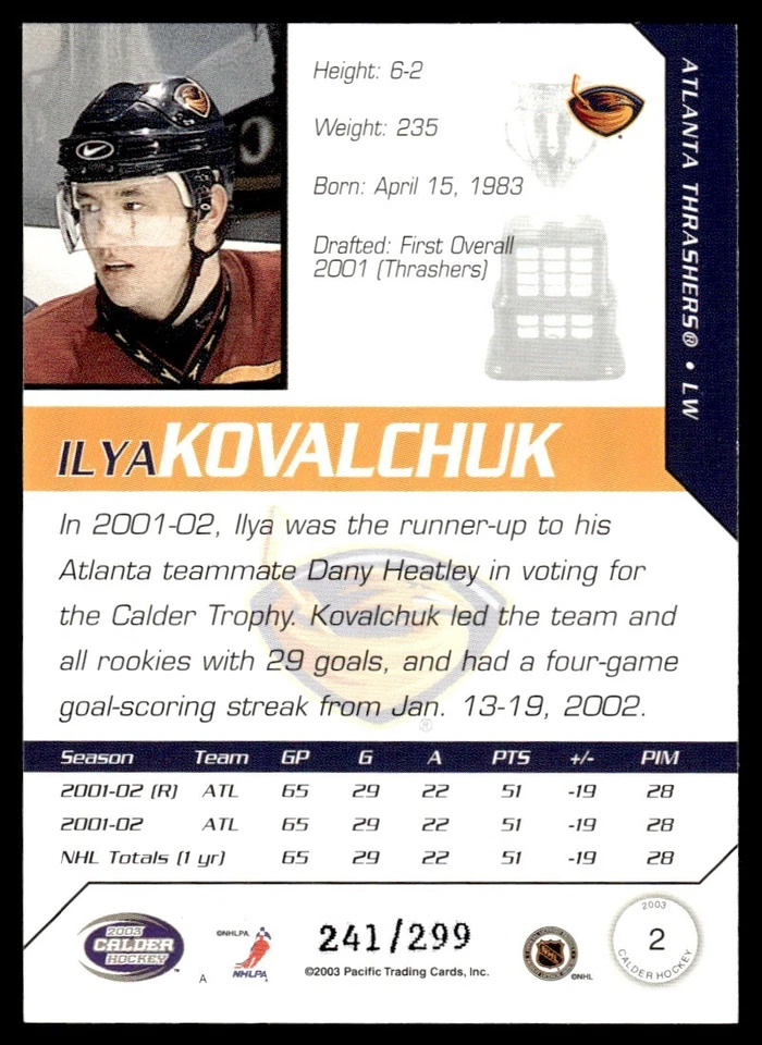 2002-03 Pacific Calder Ilya Kovalchuk /299 Atlanta Thrashers #2 R70 - Image 2 of 2