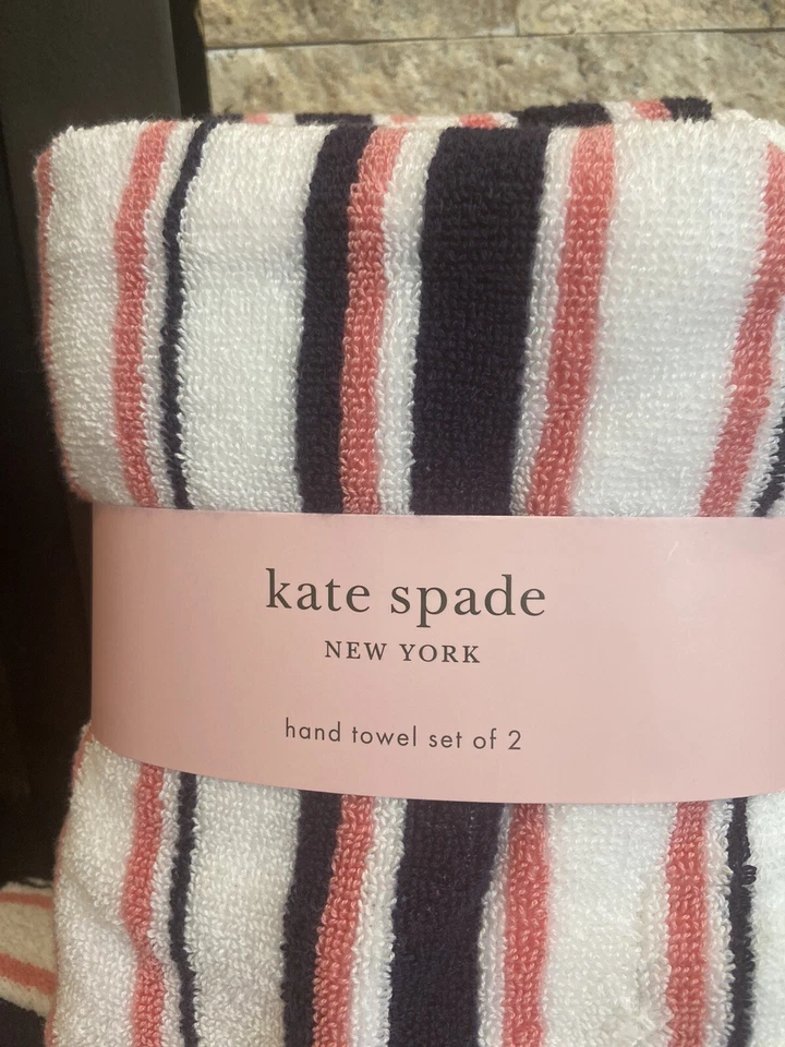 Kate Spade Coral Navy White Stripe One Bath Towel And 2 Hand Towels NWT - Image 3 of 4