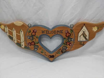 J.D.I. Wooden Welcome Home Handpainted Heart With Angel Wings Hanging Sign