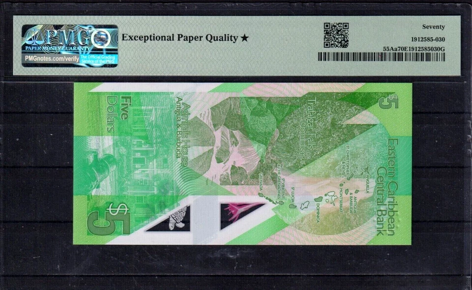 Papel moneda PMG 70 TOP POP Caribe Oriental 5 dólares 2021 garantía 70* sin circular Foto 2 de 2