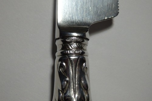 Antico coltello per formaggio Gorham 1890 argento sterling respinto foglia verde & Crosby - Foto 6 di 6