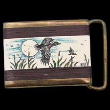 Duck Birding Birder Hunter Wood Brass Mallard Teal Cattails Vintage Belt Buckle