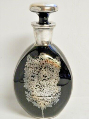 SILVER OVER GLASS WE'RE BOTH SCOTCH  3-SIDED DECANTER SCOTTISH TERRIERS PORTRAIT
