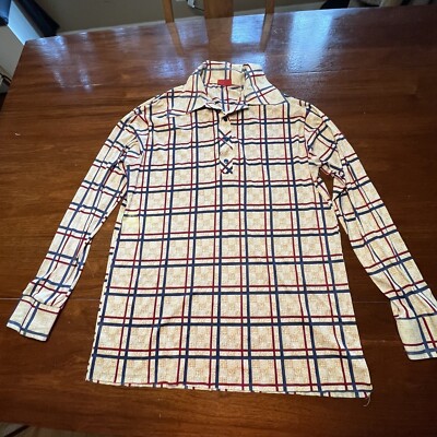 VTG 1970s Sears Kings Road Shop Plaid Shirt Men Large Henley Collared Retro