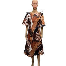 70s Handmade Hawaiian Dress Brown Floral Kaftan Pintucks Ruffles Pockets Vintage