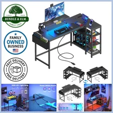 L Shaped Gaming Desk Carbon Fiber Black 40in Reversible Power Outlet Storage