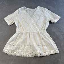 Y2K Fairy Coquette Cotton Eyelet Lace Babydoll Top White Short Sleeve Womens M