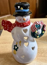 Hallmark Glittery Snowman with Wreath Votive Tealight Candle Holder  7” EUC