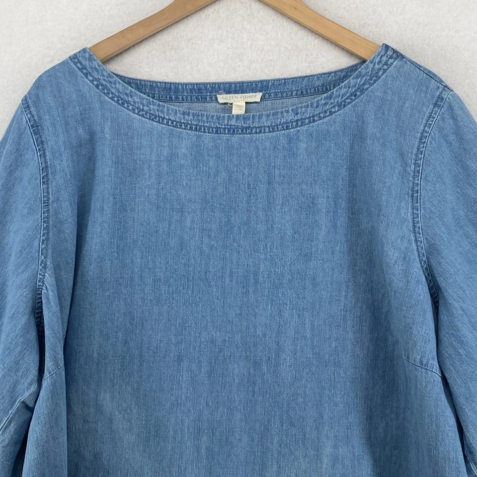 Vestido EILEEN FISHER 3x Plus Algodón Orgánico Denim Cambio Manga 3/4 Azul Foto 3 de 4
