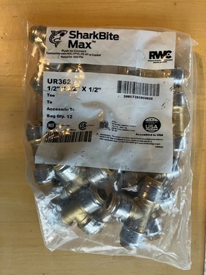 (12) SharkBite Max UR362 Tee 1/2'' x 1/2  x 1/2  Push-To-Connect Brass Fitting