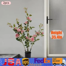 2pcs Artificial Rose Trees Fake Flowers Tree, Pink Artificial Flower Plant Decor