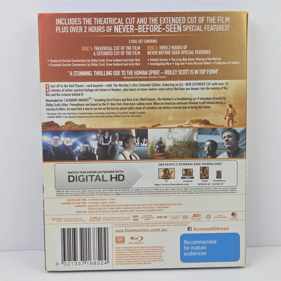 The Martian | 2x Blu-Ray Disc Extended Edition Movie Slipcover Matt Damon Reg B - Image 2 of 3