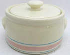 Vintage McCoy 8" Stonewear Covered Casserole Dish with Pink/Blue Stripe Pattern.