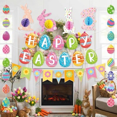 Pre-Strung Easter Decorations Set - Happy Easter Banner Decor with Bunny Hang...